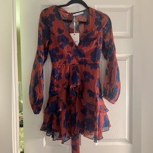 Red and Blue Floral Long Sleeve Mini Dress